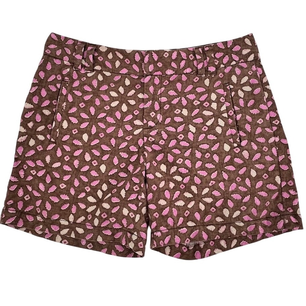 Ann Taylor Loft Womens Pink Brown Abstract Floral Linen Blend Cuffed Shorts Sz 2